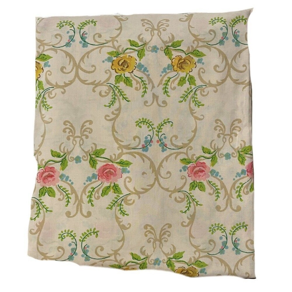 VTG Cannon Full Fitted Sheet Roses Pink Gold Scrolls Green Off White Craft Quilt